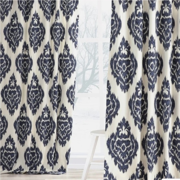 2 Half Price Drapes Ikat Blue Navy Printed Curtain Lined Damask Cotton 50” x 96” - Picture 1 of 7